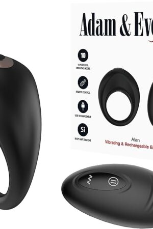 Adam & Eve Alan Vibrating Rechargeable Enhancer, Silicone Penis Ring for Stronger Erections, 10 Intense Vibration Modes, Remote Control, Waterproof, Couples Toy for Men & Women, USB Rechargeable