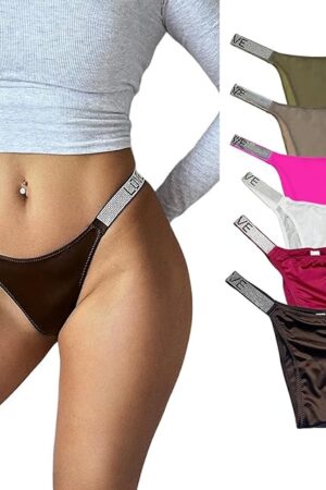 Women's Ice Silk Rhinestone Thongs Low Waist High Cut Bikini Underwear Hipster T Back Panties 6 Pack
