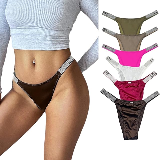 Women's Ice Silk Rhinestone Thongs Low Waist High Cut Bikini Underwear Hipster T Back Panties 6 Pack