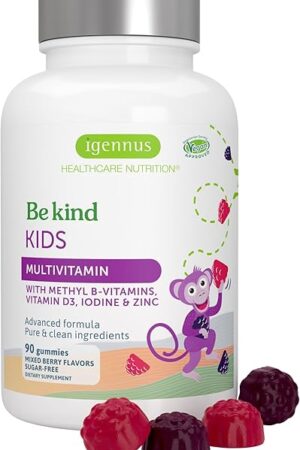 Igennus Methylated Kids Multivitamin Gummy, MTHFR, No Artificial Sweeteners or Flavors, Sugar Free, Age 4+, 90 Natural Berry Flavor Gummies from Fruit Powder, Non-GMO, Halal, Clean Label