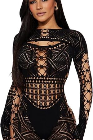 Women's Sexy Long Sleeve See Through Hollow Out Sheer Ultra Stretchy Mesh Bodysuit