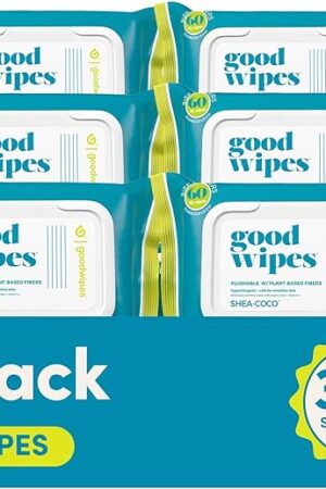 Goodwipes Flushable Butt Wipes Made with Vitamin E & Aloe - Soft & Gentle Wet Wipe Dispenser for Home Use, Septic & Sewer Safe - Largest Adult Toilet Towelettes - Shea Coco, 360 Count (6 Packs)