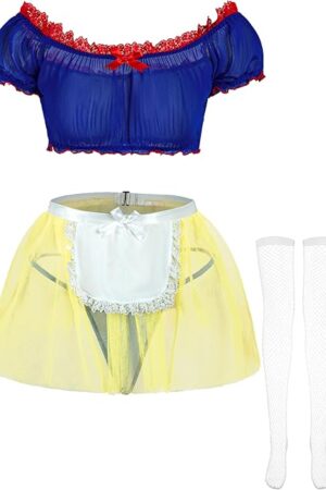 Women's 4 Piece Maid Costume Set with Mesh Top Lace Apron Skirt and Fishnet Stockings for Halloween Cosplay Party