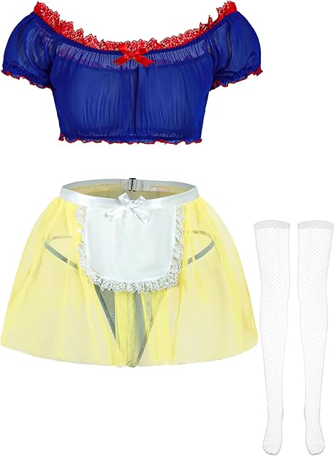 Women's 4 Piece Maid Costume Set with Mesh Top Lace Apron Skirt and Fishnet Stockings for Halloween Cosplay Party
