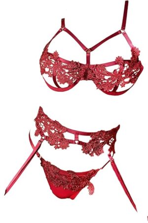 Womens Sexy Lingerie Set  Strappy Lace Bra and Panty Set with Floral Embroidery, Adjustable Harness Design for Valentines, Honeymoon Red