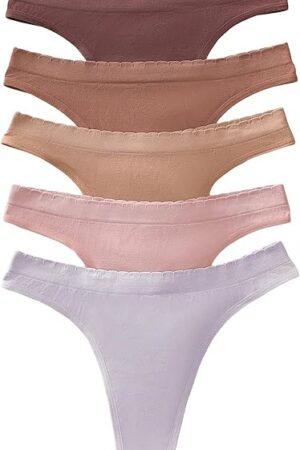 5 Pack Thongs for Women Cotton Underwear Lettuce Trim Low Waisted Breathable Stretch Sexy Thong Panties