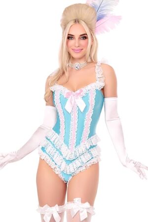 Women's Ruffle Bodysuit with Boning Sexy Halloween Costumes for Women Adult Sexy Bodysuit Lingerie Perfect for Burlesque or Vegas Showgirl Costume, Blue/White, Small