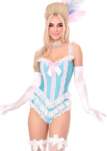 Women's Ruffle Bodysuit with Boning Sexy Halloween Costumes for Women Adult Sexy Bodysuit Lingerie Perfect for Burlesque or Vegas Showgirl Costume, Blue/White, Small