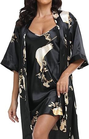 Women's Satin Robes Set with Nightgown Silk Kimono Pajamas 2 Piece Sleepwear Camisole Wedding Bride Gown Set