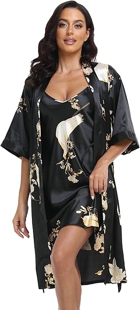 Women's Satin Robes Set with Nightgown Silk Kimono Pajamas 2 Piece Sleepwear Camisole Wedding Bride Gown Set