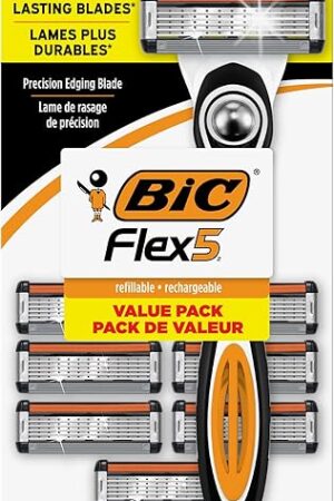 BIC Flex 5 Men's Refillable with 5 Blade Razors, 1 Handle and 7 Cartridges, Straight Razors for Men with Precision Edging, 7-Pack