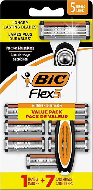 BIC Flex 5 Men's Refillable with 5 Blade Razors, 1 Handle and 7 Cartridges, Straight Razors for Men with Precision Edging, 7-Pack