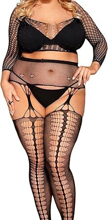 Fishnet Lingerie Sets Plus Size Bodystocking Crotchless Bodysuit and Sexy Fishnet Tights Garter Stockings 2 Piece