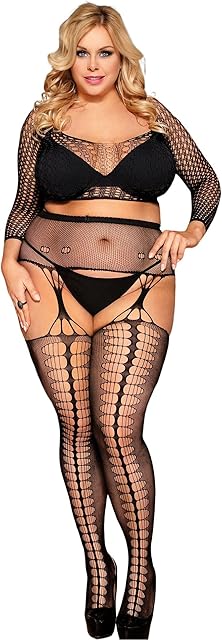 Fishnet Lingerie Sets Plus Size Bodystocking Crotchless Bodysuit and Sexy Fishnet Tights Garter Stockings 2 Piece