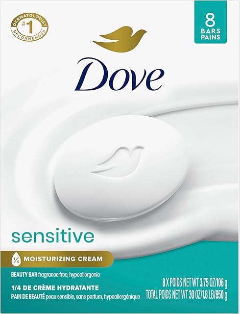 Dove Beauty Bar Soap Sensitive, 8 Bars for Sensitive Skin, Fragrance Free and Hypoallergenic 375 oz