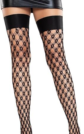 Womens Eyelet Black Fishnet Stockings for Women Thigh Highs with Satin Elastic Top, Black, One Size