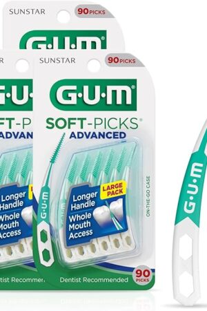 GUM Soft-Picks Advanced, Easy to Use Dental Picks for Teeth Cleaning and Gum Health, Disposable Interdental Brushes with Convenient Carry Case, Dentist Recommended Dental Picks, 90 Count (Pack of 3)