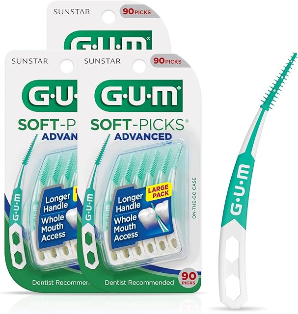 GUM Soft-Picks Advanced, Easy to Use Dental Picks for Teeth Cleaning and Gum Health, Disposable Interdental Brushes with Convenient Carry Case, Dentist Recommended Dental Picks, 90 Count (Pack of 3)