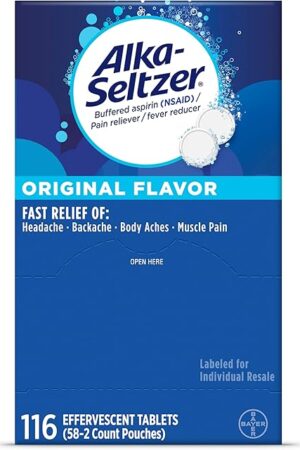 Alka-Seltzer Effervescent Tablets Original Flavor, Fast Multi-Symptom Relief from Headache and Body Ache, Dissolvable Effervescent Fizzy Tablets, Pain Relief Dispenser Pack, 116 Ct