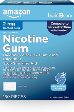 Amazon Basic Care Coated Nicotine Gum 2 mg, Ice Mint Flavor, Stop Smoking Aid, Relieves Nicotine Cravings to Help You Quit Smoking Cigarettes, 160 Count