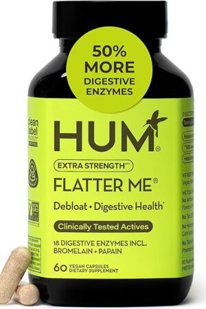 HUM Flatter Me Extra Strength Digestive Enzymes - Fast-Acting Bloat Relief for Digestive Health & Debloating Multi Enzyme, Vegan, 60 Servings