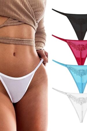 Women's Floral Lace Embroidered Panties Low Waist G-String Underwear Seamless Ice Silk Thongs 3-4 Pack