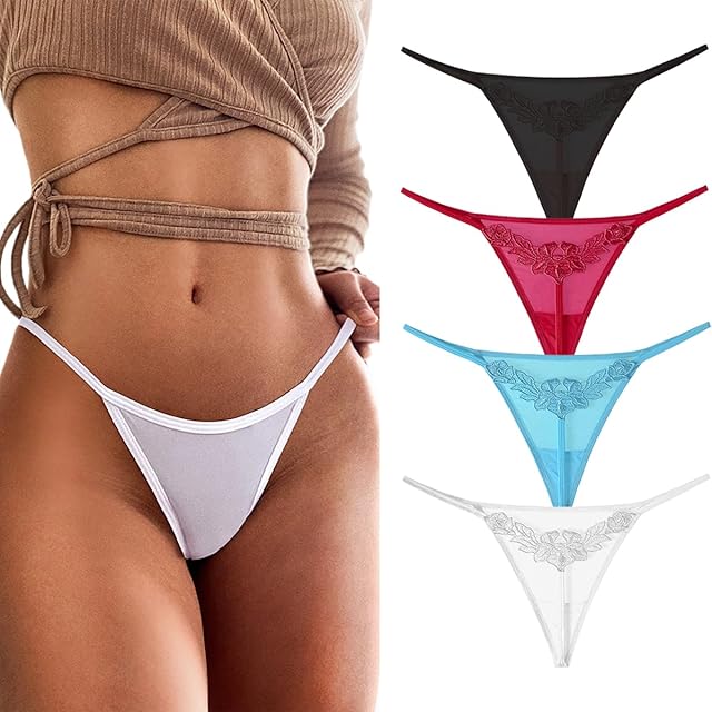 Women's Floral Lace Embroidered Panties Low Waist G-String Underwear Seamless Ice Silk Thongs 3-4 Pack