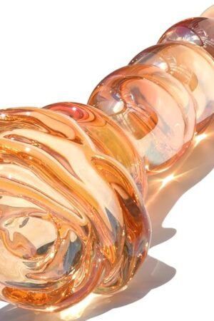 Glass Anal Beads Golden Butt Plug Prostate Massager with Long Neck, Rose Round Base and 4 Gradual Beads Fetish Bum Plug Anal Dilator Masturbation Sex Toy for Men Women, 5.59 x 1.14 inch TJIJP