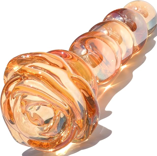 Glass Anal Beads Golden Butt Plug Prostate Massager with Long Neck, Rose Round Base and 4 Gradual Beads Fetish Bum Plug Anal Dilator Masturbation Sex Toy for Men Women, 5.59 x 1.14 inch TJIJP