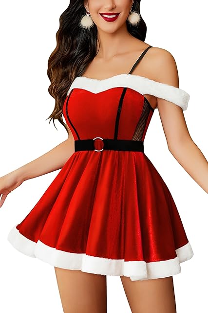 Christmas Dresses for Women Velvet Santa Outfit Off Shoulder Mrs Claus Costume