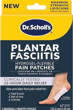 Dr Scholl's Plantar Fasciitis Pain Patches with Hydrogel Flexible Technology, 8 Ct // Clinically Tested 12-Hour Daily Pain Relief - Contours to Your Foot - with Lidocaine & Menthol, 8 Treatments
