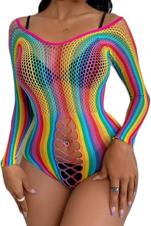 Women Rave Rainbow Mesh See Through Bikini Cover Ups Sexy Sleeveless Hollow Out Bodycon Midi Dress Festival Outfit
