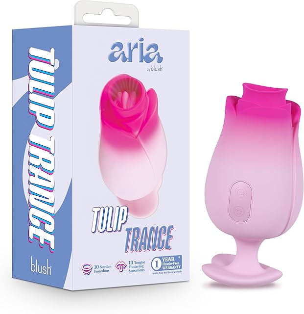 Blush Aria Tulip Trance?Silicone Personal Massager with 10 Sucking & Tongue-Fluttering Modes for Nipple & Clitoral Stimulation?Heart-Shaped Finger Grip?Waterproof & Rechargeable-Pink