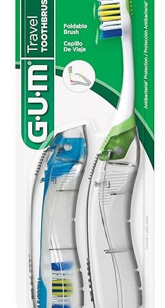 GUM Folding Travel Toothbrush, Compact Head + Tongue Cleaner, Soft Bristled Travel Toothbrushes for Adults, 2ct (Colors may vary)