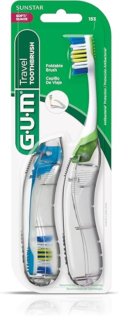 GUM Folding Travel Toothbrush, Compact Head + Tongue Cleaner, Soft Bristled Travel Toothbrushes for Adults, 2ct (Colors may vary)