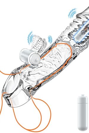 Vibrating Penis Sleeve Sex Toys - 3.5 inch Clear Penis Extender with Two Bullets, Realistic Penis Enlarger with Cock Ring, Reusable Penis Extension with Clitoral Stimulator for Adult Men