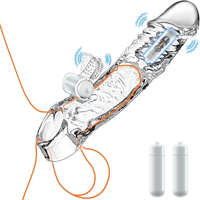 Vibrating Penis Sleeve Sex Toys - 3.5 inch Clear Penis Extender with Two Bullets, Realistic Penis Enlarger with Cock Ring, Reusable Penis Extension with Clitoral Stimulator for Adult Men