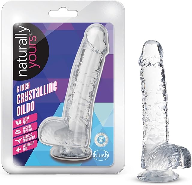 Blush Naturally Yours 6" Diamond Slim Dildo w/Balls, 1" Wide Realistic Transparent Cock - Suction Cup, Strap-On Compatible - Beginner Anal & Vaginal - Adult Sex Toy for Women, Men & Couples - (Clear)