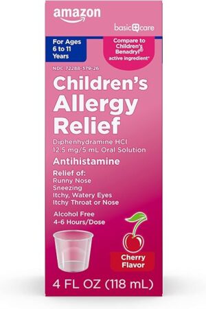 Amazon Basic Care Children's Allergy Relief Oral Solution, Diphenhydramine HCl, Cherry Flavor, 4 fl oz (Pack of 1)