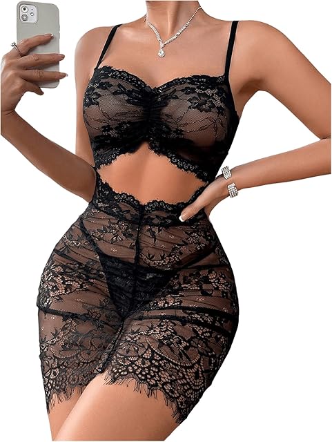 Women's 2 Piece Floral Lace Lingerie Set Ruched Cut Out Bow Front Nightdress Low Rise Thong Sets