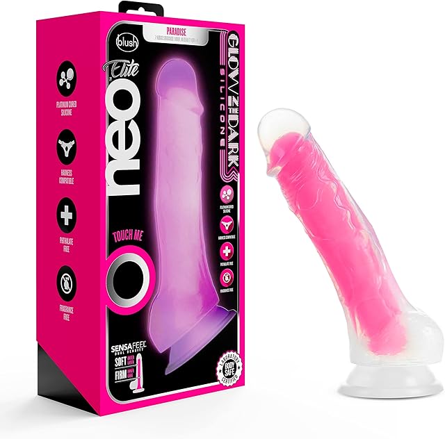 Blush Novelties Neo Elite - 75Silicone Dildo with Balls - 15Thick Glow in The Dark Sensa Feel Dual Density - Strap On Compatible Sturdy Suction Cup for Hands Free Play - Body Safe Sex Toy
