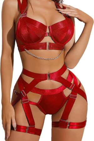 Womens Strappy Lingerie Set Sexy Cut Out Harness Bodysuit Naughty Slutty Sleepwear 2 Piece Babydoll Outfits