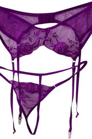Women Floral Lace Garter Belt and G-string Set Mesh Exotic Lingerie Sexy Flower Embroidered Garter for Stockings