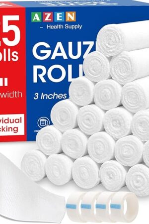 AZEN 25 Pack Gauze Rolls Bandages, 3 in x 41 Yards, Premium Medical Supplies & First Aid Supplies, Bandage Wrap Vet Wrap, Mummy Wraps