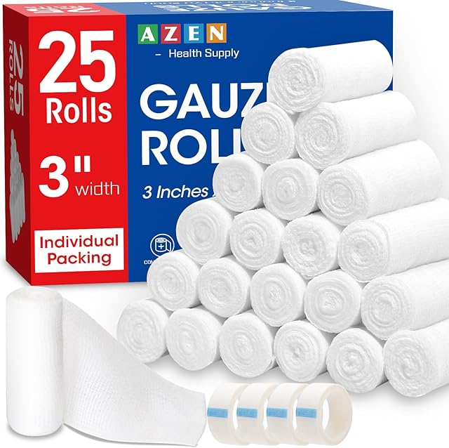AZEN 25 Pack Gauze Rolls Bandages, 3 in x 41 Yards, Premium Medical Supplies & First Aid Supplies, Bandage Wrap Vet Wrap, Mummy Wraps