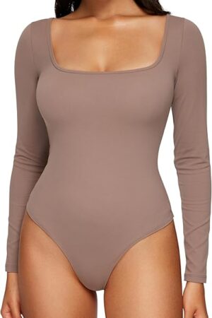 Butterluxe Square Neck Long Sleeve Bodysuit for Women Sexy Thong Layering Tops Soft Stretchy