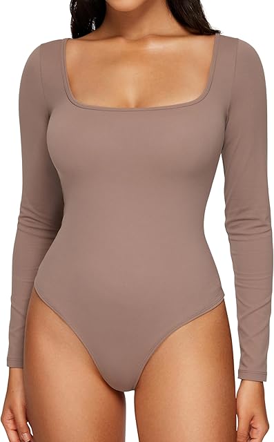 Butterluxe Square Neck Long Sleeve Bodysuit for Women Sexy Thong Layering Tops Soft Stretchy