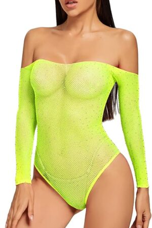 Women Sexy Sparkle Rhinestone Mesh Teddy Fishnet Lingerie