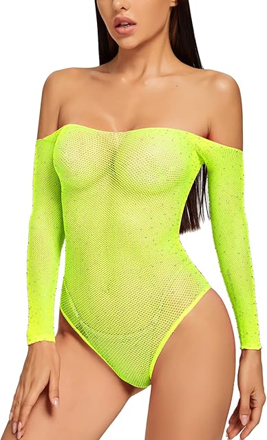 Women Sexy Sparkle Rhinestone Mesh Teddy Fishnet Lingerie