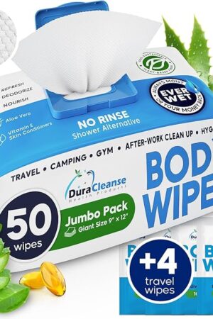 XL Body Wipes for Adults Bathing No Rinse - 50 Ct + 4 Travel Shower Wipes - 9"x12" Thick Cleansing Bath Wash Sheets for Elderly Incontinence, Men & Women - Camping Essentials Disposable Washcloths